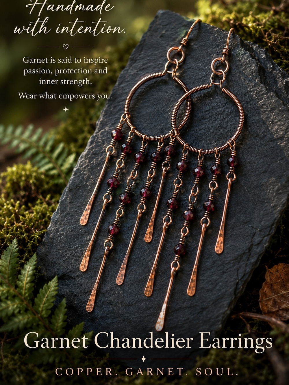 Hand Crafted Copper Red Garnet Crystal Beaded Dangle Earrings